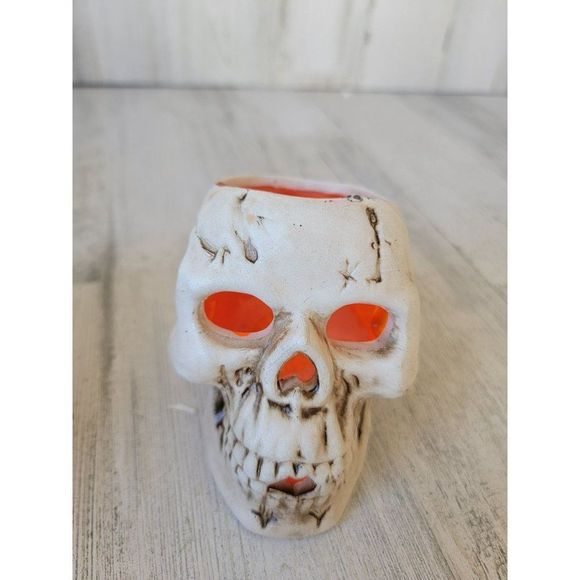 Skeleton head orange AS IS ceramic tealight holder candle Halloween home decor - Picture 1 of 8